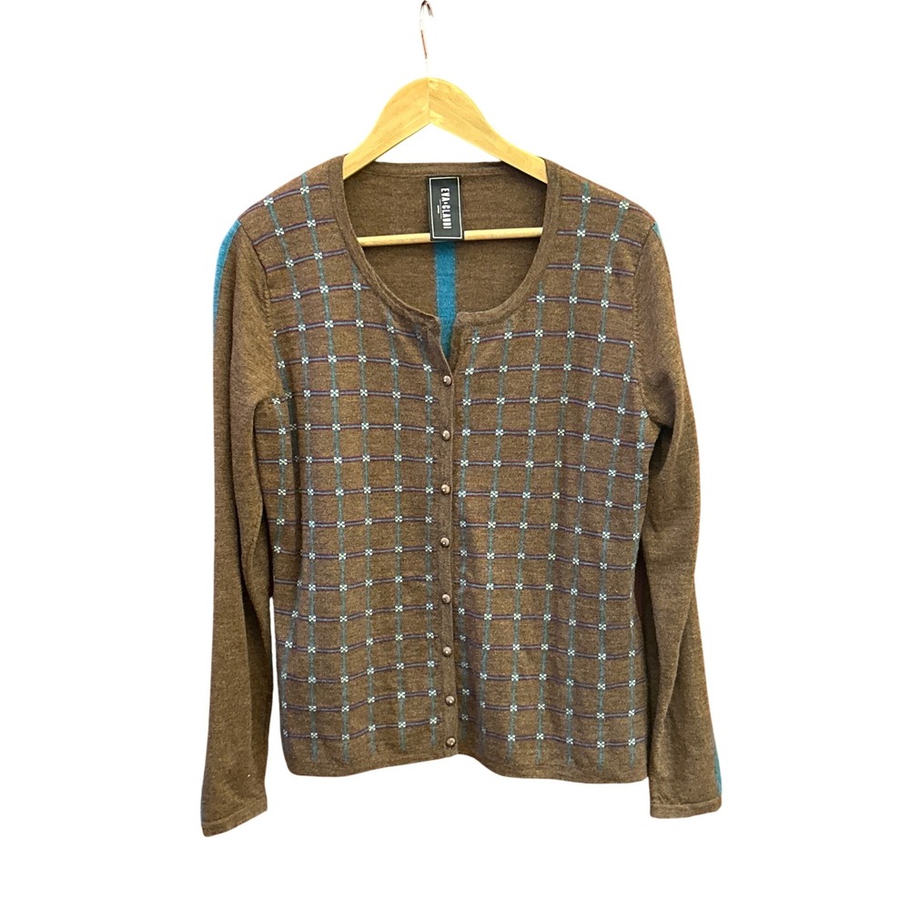 Eva & Claudi Brown Teal Grid Wool Blend Button Cardigan Sweater Medium (80)